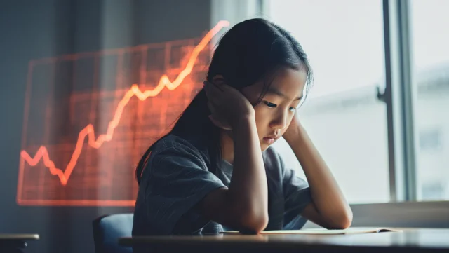 ストレスを示すグラフと悩む学生のイメージ